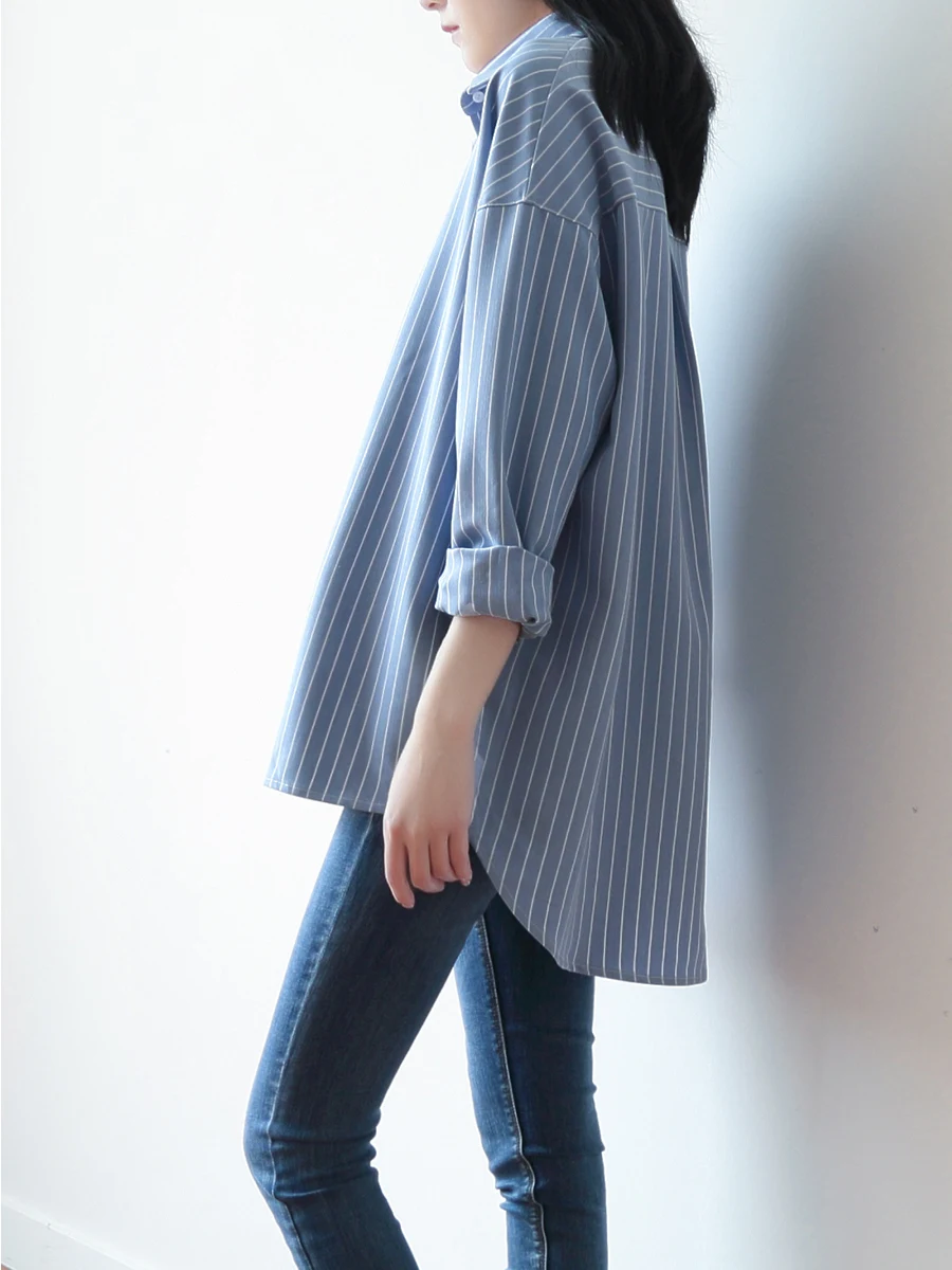 

Spring Autumn Loose Women's irt Long Sve Striped Lazy Layering Top Korean Sle Commute Faion Casual Polyester Blend