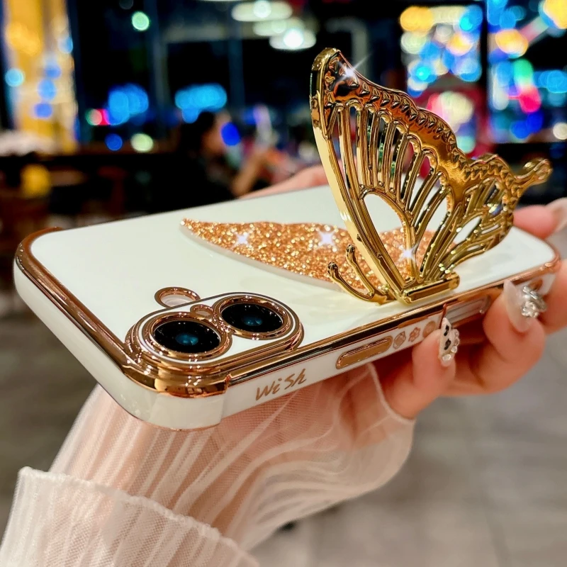 Luxury Plating Pattern Glitter Butterfly Holder Stand Phone Case For iPhone 12 13 14 16Pro Max Bumper Protector On 15 Plus Cover