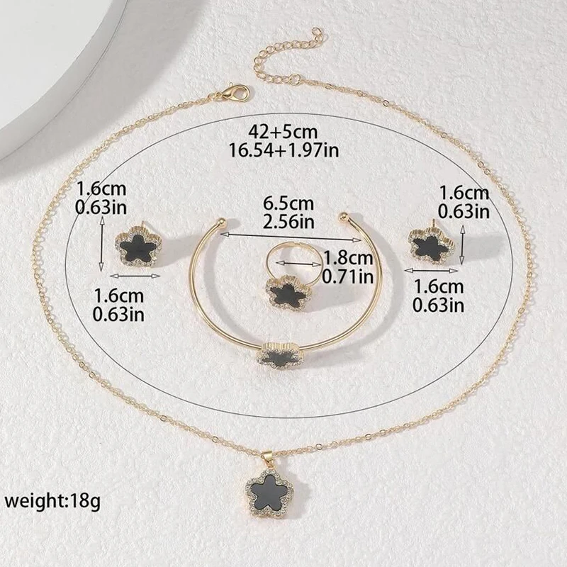 4 PCS Set Flower Shape Pendant Earring Ring Bangle Set Crystal Stone Necklace Earring Stud Cuff Bangle Open RingJewelry Set image 3
