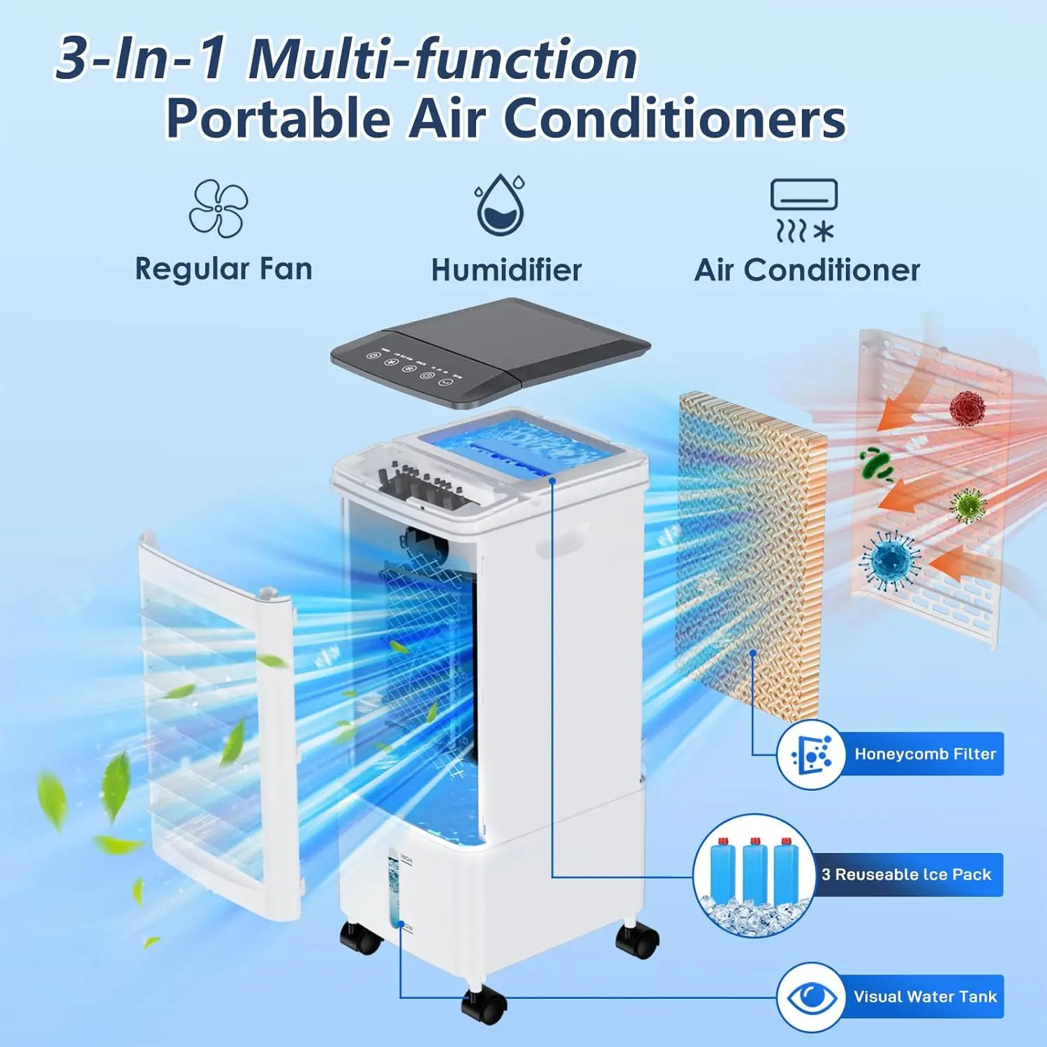 Refrigerador de ar evaporativo, condicionadores de ar 3 em 1, CA com 3 velocidades e temporizador 7H, oscilação de 60 °, sala de resfriamento rápido, cond