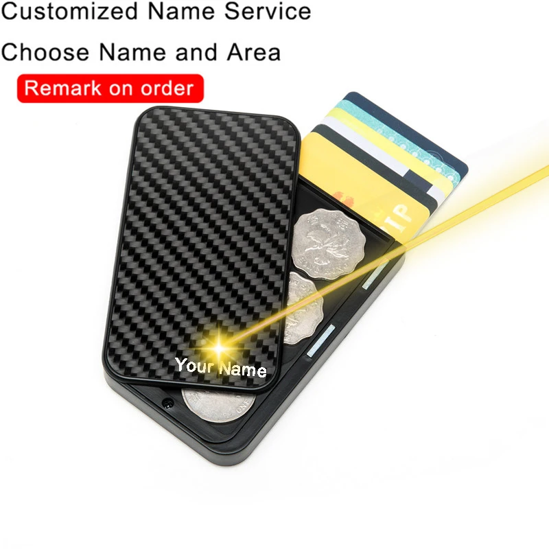 

Bycobecy Customized Name Carbon Fiber Credit Bank Card Holder RFID Blocked Thin Wallet Men Slim Card Case Tarjetero Hombre Coins