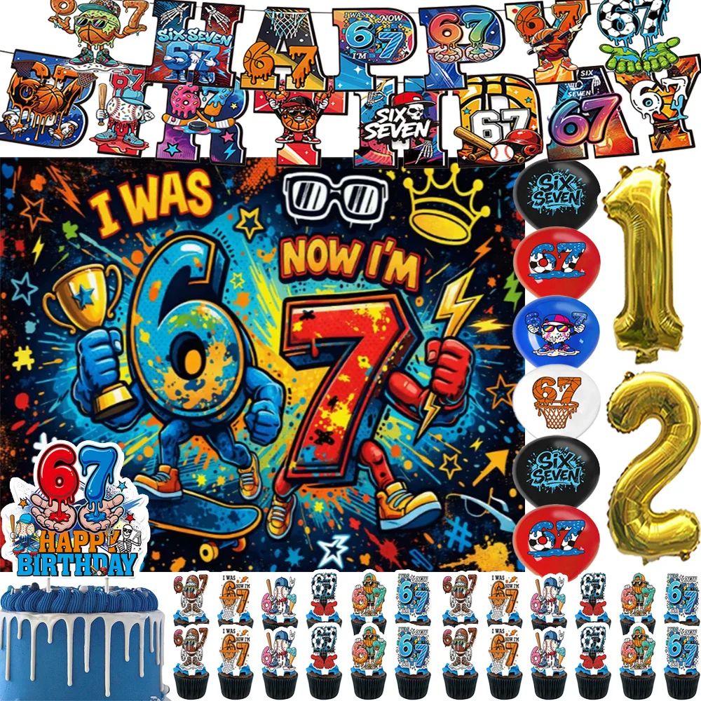 Jungen Teenager 67. Geburtstag Deko Graffiti Drip Sport-Thema Banner Ballon Cupcake-Topper Hintergrund Sportfans Party-Zubehör