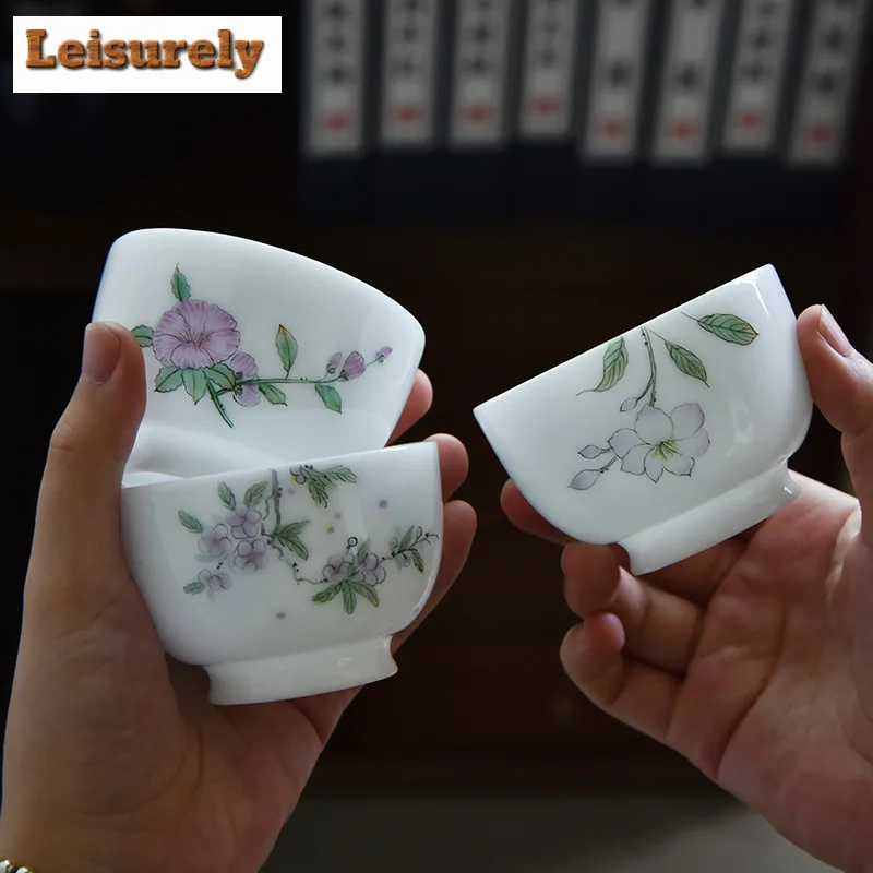 120ml Ice Seed Sheep Fat Jade Porcelain Teacup Hand Painted Flower Master Cup Zen Meditation Pressing Cup Chazhan Kung Fu Teaset