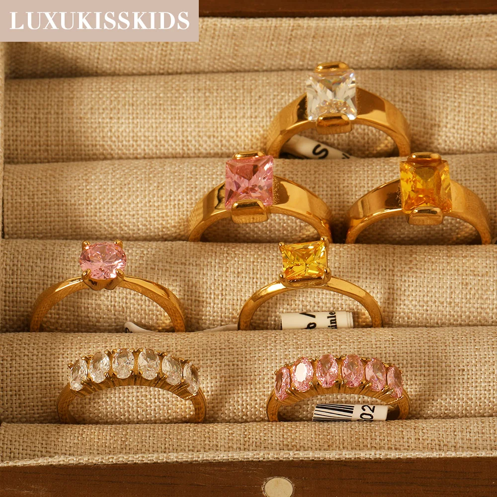 LUXUKISSKIDS Luxury AAA Bling Cubic Zirconia Classic Ring Stainless Steel Pink Full CZ Gold-Plate PVD Fashion Exquisite Jewelry