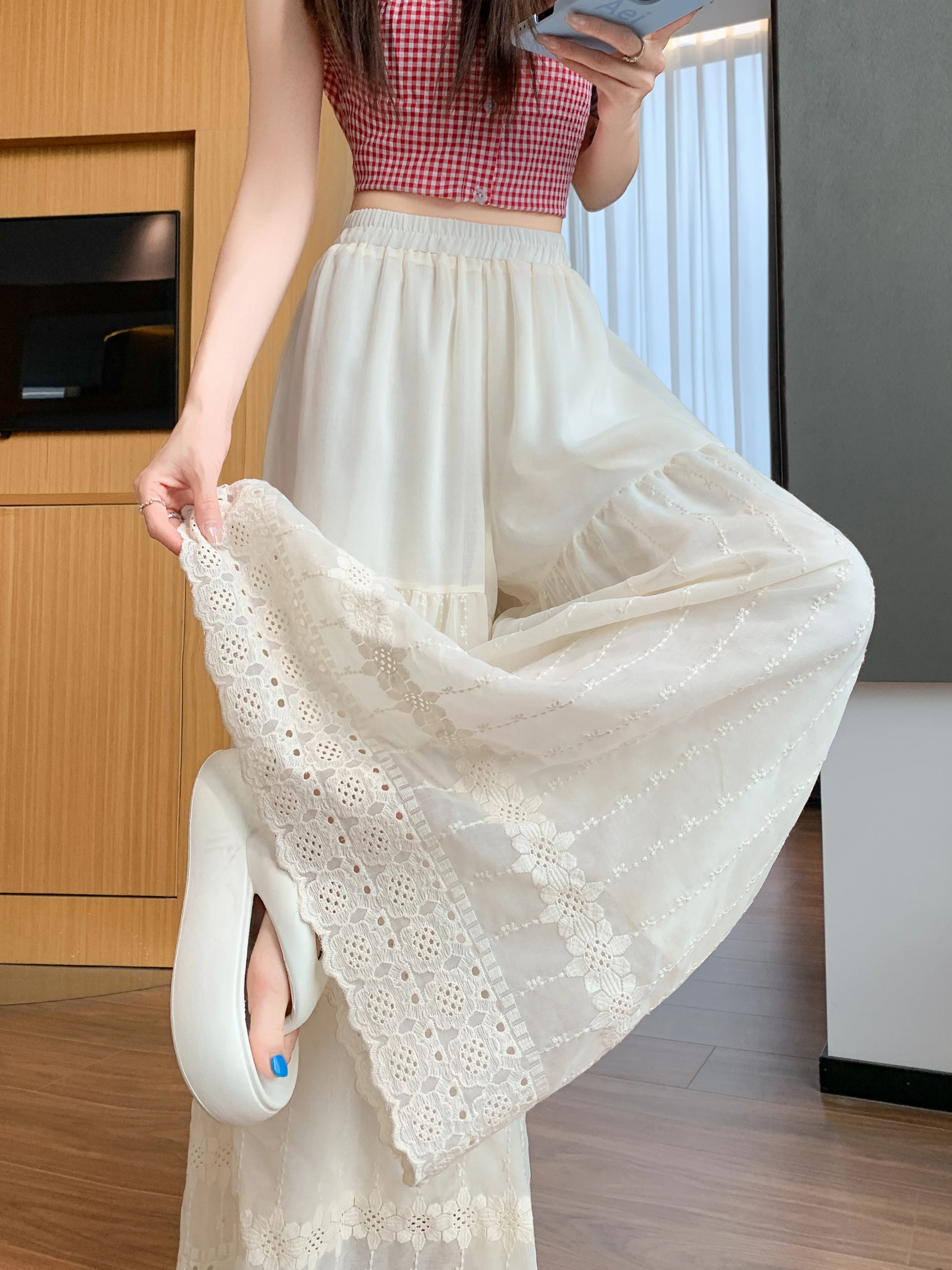 

Elegant Hollow Embroidery Lace Hem Wide Leg Pants Skirt Women's Summer Thin Casual Loose Slimming Straight Drapey Loose Fit