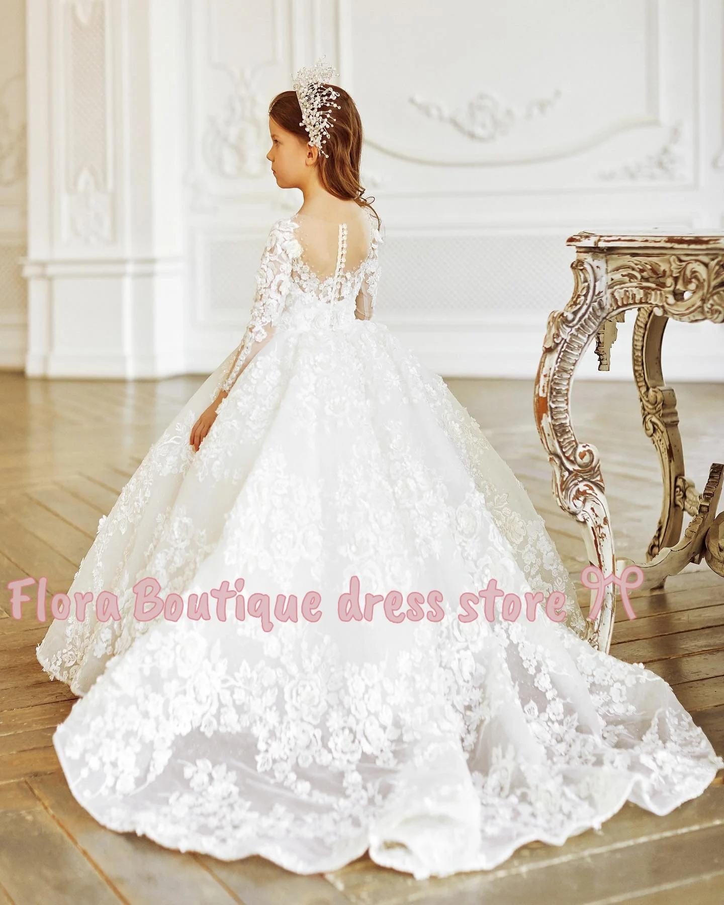 어린이를위한 리본이 달린 꽃의 소녀 드레스 긴 소매 결혼식 파티 공주 드레스 첫 성찬식 공식 쉬폰 볼 가운