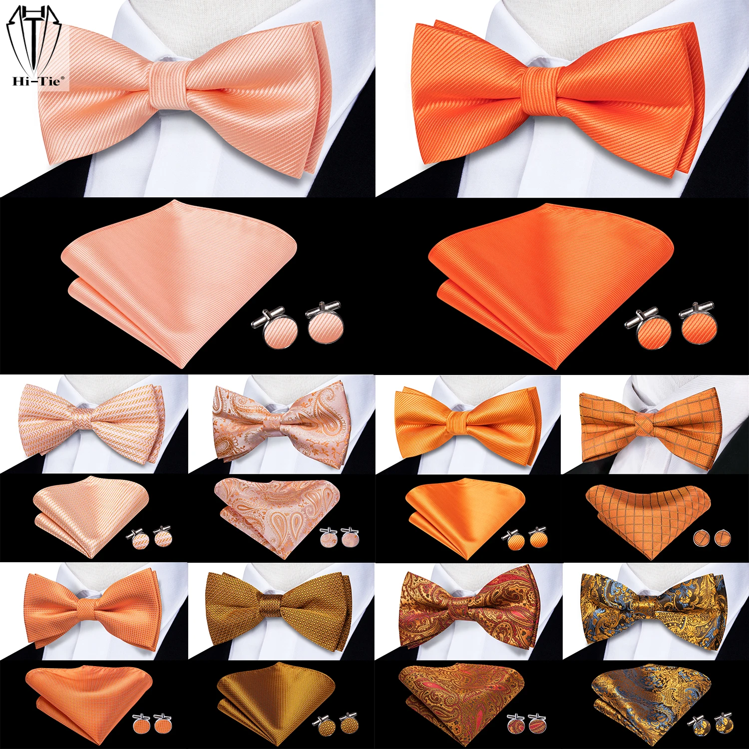 

Hi-Tie Orange Tangerine Silk Mens Bow Tie Hankerchief Cufflinks Set Pre-tied Butterfly Knot Bowtie for Male Wedding Business
