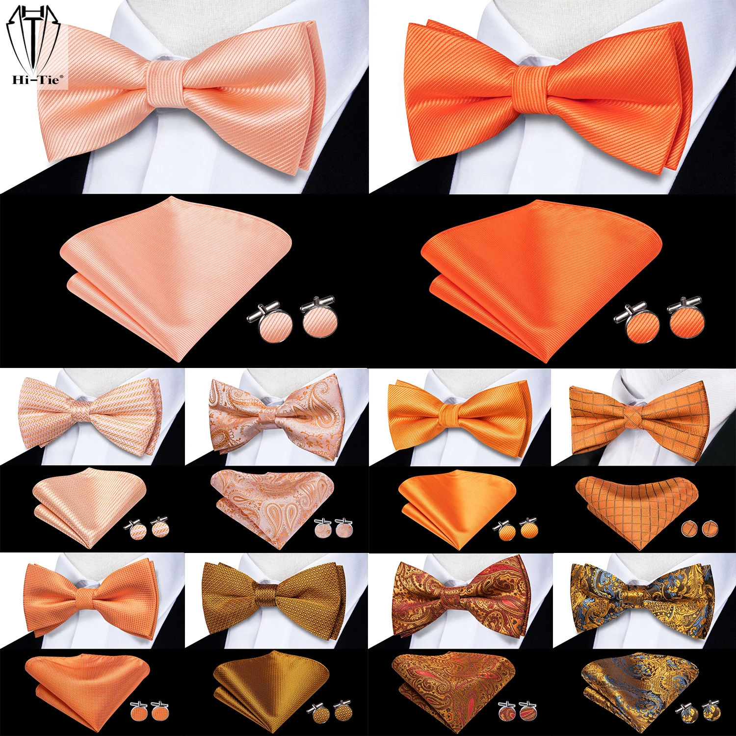 Hi-Tie Orange Tangerine sutra pria dasi kupu-kupu saputangan Set manset pre-tied kupu-kupu simpul Bowtie untuk pria bisnis pernikahan