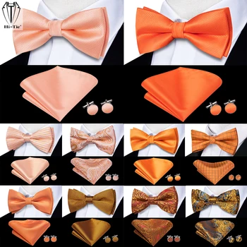 Hi-Tie Orange mandarine soie hommes noeud papillon mouchoir boutons de manchette ensemble pré-attaché papillon noeud papillon pour homme mariage affaires