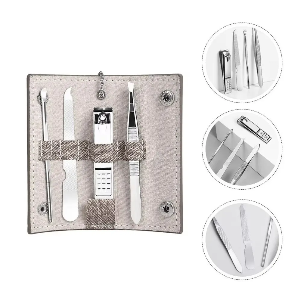Kit de coupe-ongles de voyage 4 en 1, Mini étui en cuir PU, ensemble d'outils de manucure, cuillère d'oreille en acier inoxydable, outil de coupe des sourcils