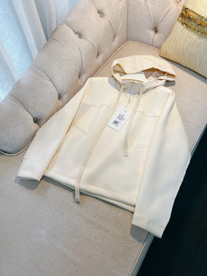 Début de l'automne 2024 Sweat à capuche décontracté en coton pour femme Coupe ample Blanc Haut polyvalent Briti Sle Sweat-shirt Coton confortable...