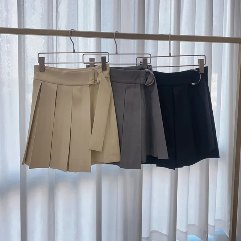 

Pleated Mini Metal Buckle with Belt Women Jupe High Waist Skirt Pants Pleated All-match Skirt Female 2024 New Spring Summer