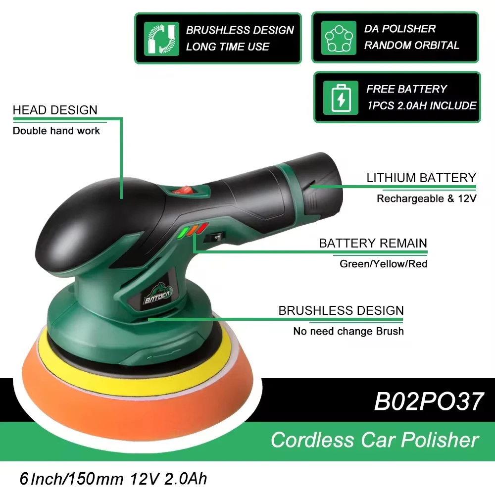 BATOCA Cordless 12V Car Polisher Dual Action Wireless Car Polishing Machine Electric Polish Machines Adjustment Power Tools