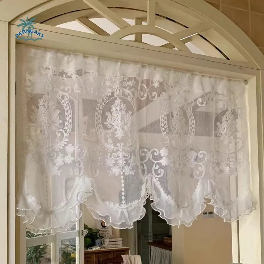 

Embroidered Ruffled Lace Short Sheer Curtain Wavy Edge Rod Pocket/Hook/magic Tape White Gauze Window Valance French Style