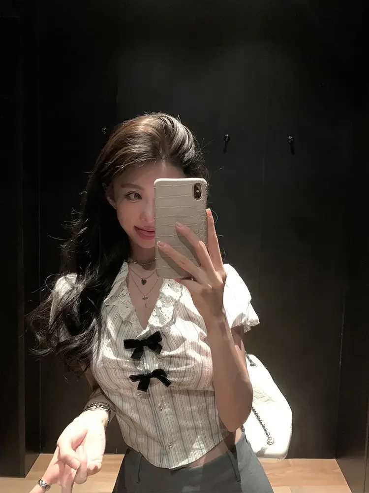 

Japanese Sweet Bow Striped Shirt Women Lace V Neck Slim Fit Short Tops 2025 New Cute Puff Sleeve Chic Y2k Button Blouse