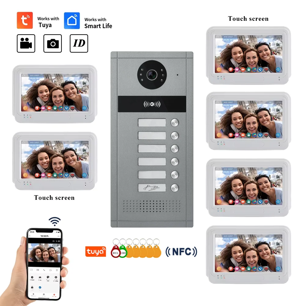 Tuya 2/3/4/5/6/8/10/12 Apartments Home Video Intercom with RIFD Access Contro Camera Video Door Phone 7 Inch Wifi Monitor