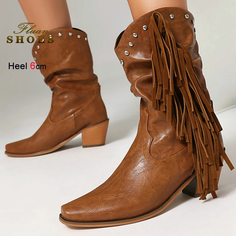 

Новые коричневые женские рыцарские сапоги в стиле ретро с бахромой, остроконечные ботильоны на каблуке 6 см, ботинки на массивном каблуке, женская обувь с кисточками, ботинки в стиле вестерн