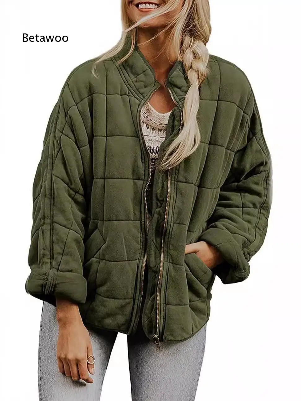 Ladies Drop Shoulder Quilted Outer Jacket Stand Collar Zip Front With Pockets For Daily Commute And Casual Going Out Looks