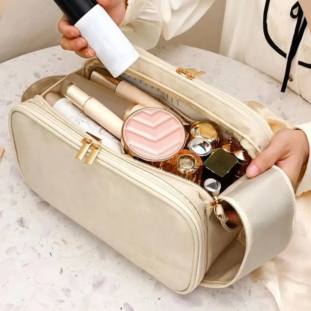 حقيبة مكياج نسائية محمولة بلون سادة وسحاب مزدوج للسفر منظم مستحضرات التجميل بسعة كبيرة من جلد البولي يوريثان حقيبة تخزين محمولة