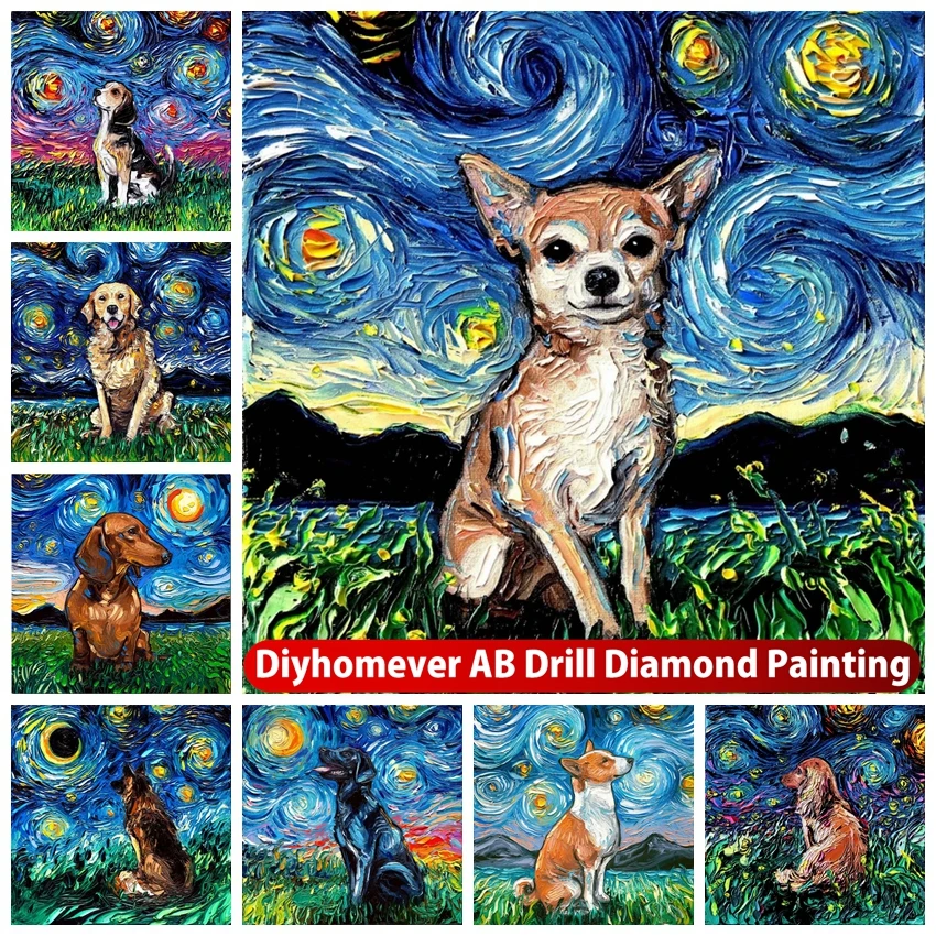 Van Gogh Starry Night Dog Animal AB Diamond Painting Mosaic Chihuahua Dachshund Dog Cross Stitch Embroidery Rhinestones Gift