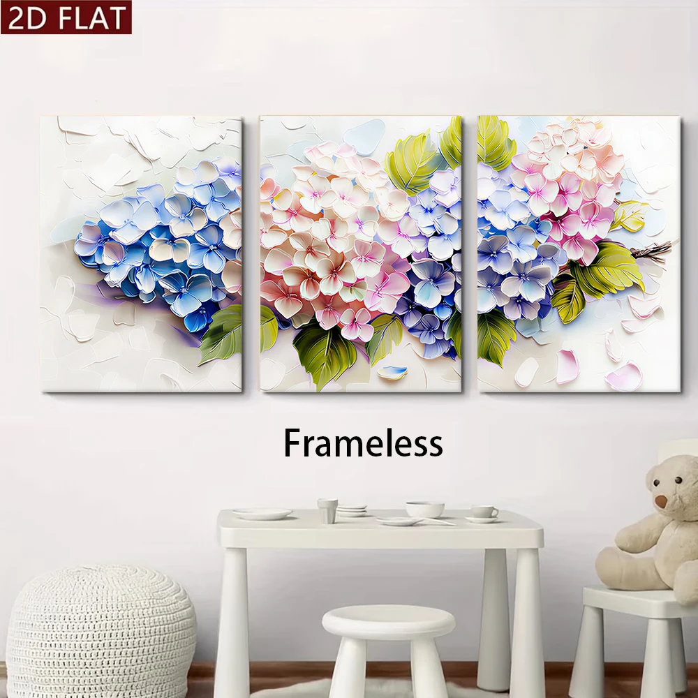 1 set of modern minimalist texture hydrangea flower three-panel frameless decorative painting, 2D flat