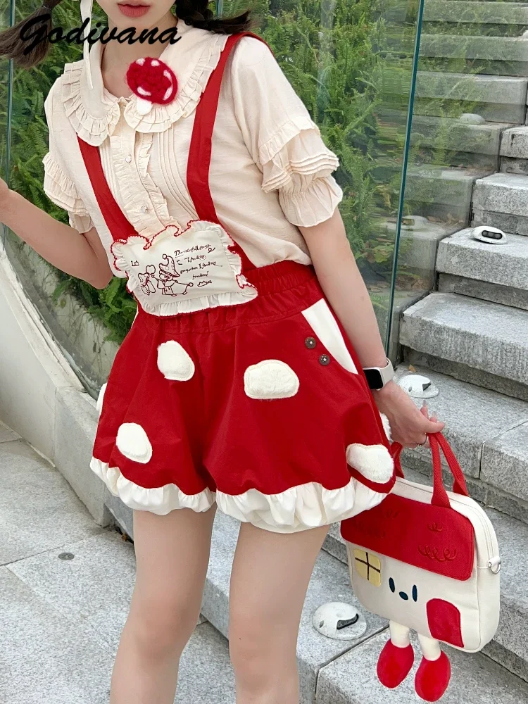 New Spring Summer Lolita Girls Mushroom Bud Strap Shorts Cute Red and Black Summer Autumn Women's Suspender Shorts