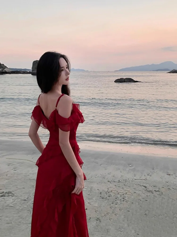 Vestido largo rojo fluido para mujer, vestido liso con tirantes finos y hombros descubiertos, vestido dividido con volantes irregulares, ropa para fiesta, cóctel y graduación