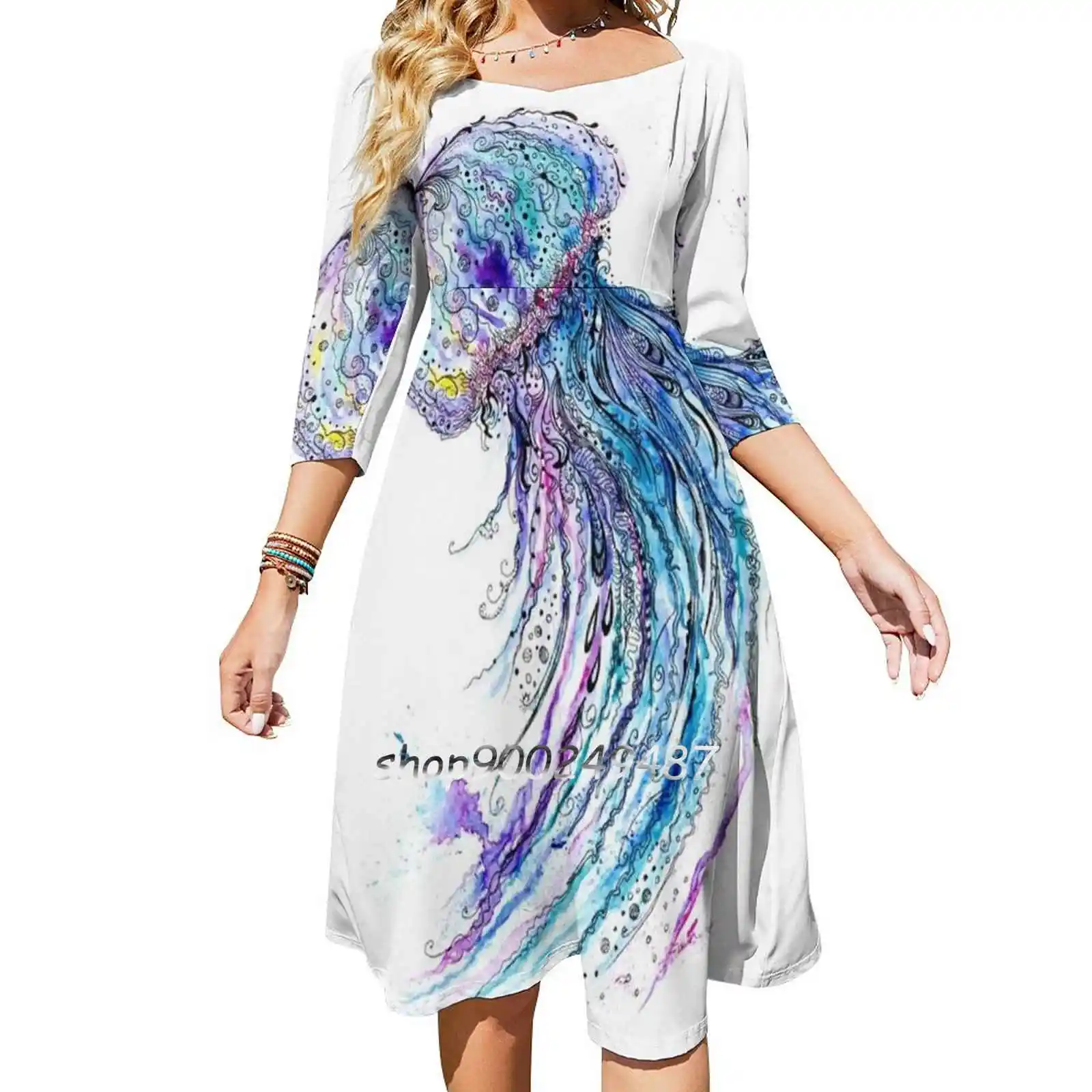 Jelly Fish Watercolor And Ink Painting Women Casual High Waist Mini Dress Short and Long Sleeve Dresses Fashion Dress Blue Water