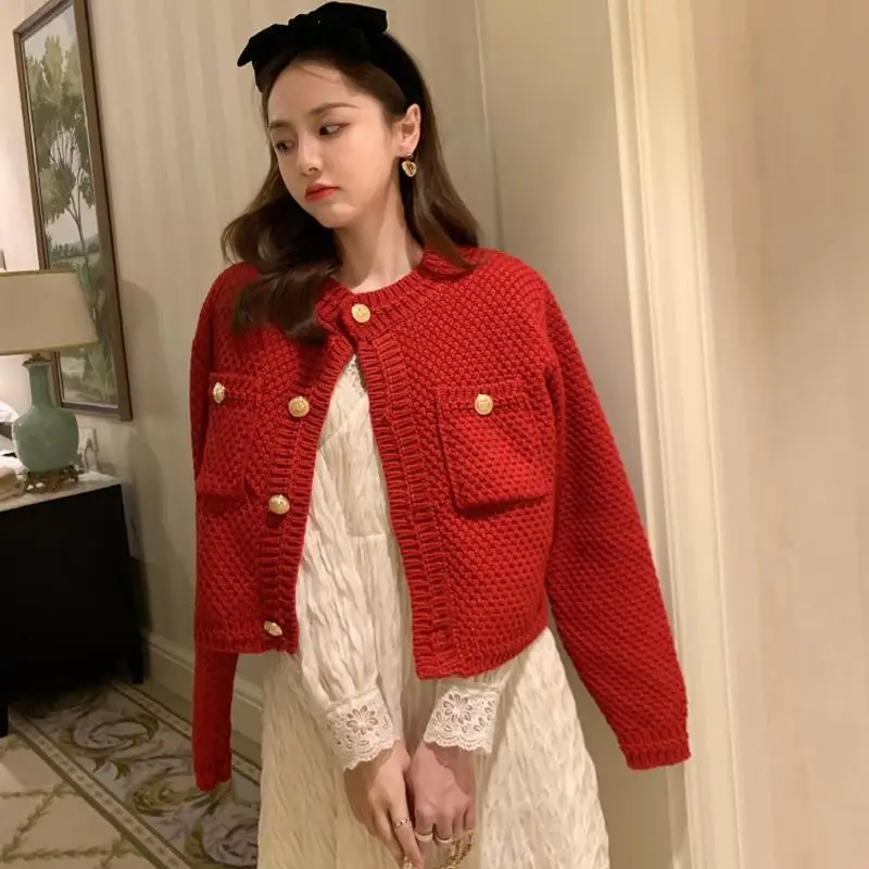 Cardigan en Tricot à Col Rond pour Femme, Vêtement Style Étudiant, Couleur Unie, Style Décontracté, Version Coréenne, Assressentiavec Tout