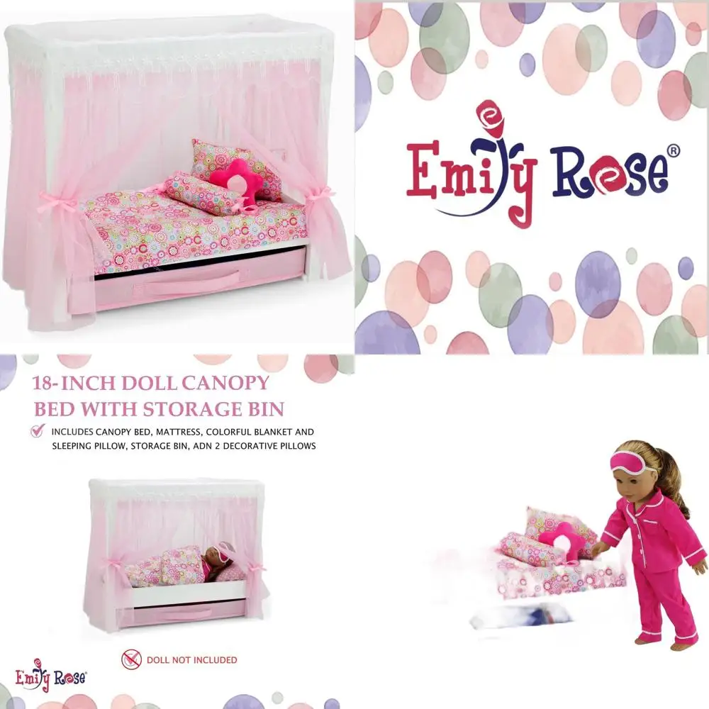 

Белая деревянная кровать для кукол-принцесс (18 дюймов) с розовыми тюлевыми шторами, комплектом постельного белья из 5 предметов и выдвижным ящиком для хранения - Королевская мебель для спальни