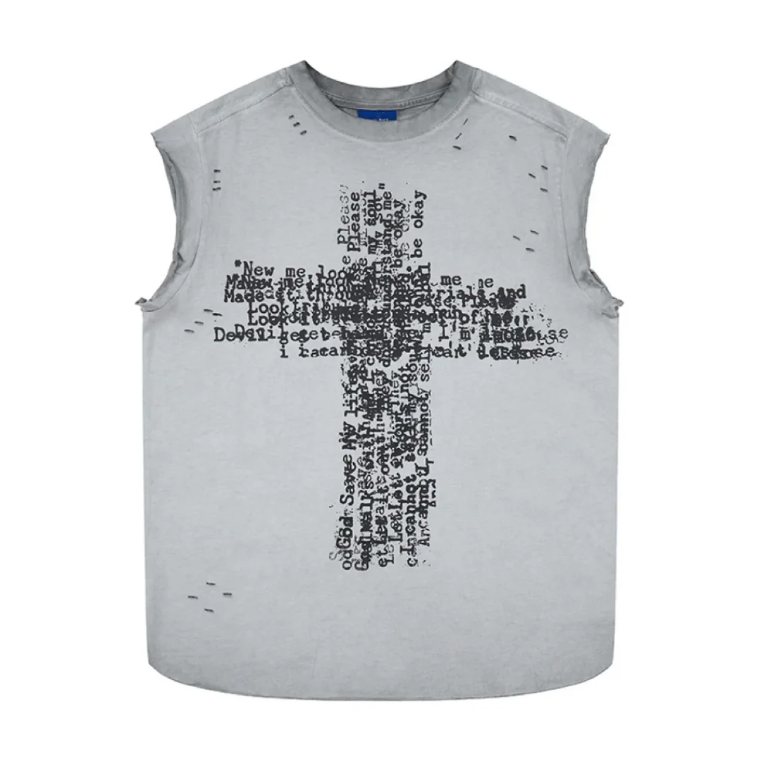 2026 New Men American High Street Distressed Cross Print Washed Sleeveless Tank Tops Summer Vintage Loose Streetwear Vests