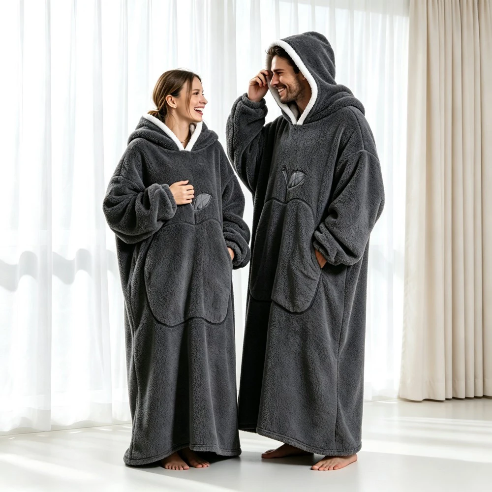 Oversized Hooded Wearable Blanket Long Sleeve TV Blanket Soft Plush Apple Embroidery Warm Hoodie Blanket With Pocket For Adults
