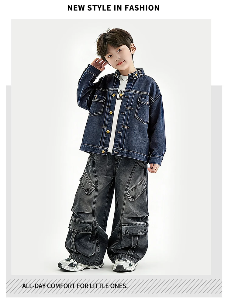 Neue Herbst-Kinderkleidung: Coole Jeansjacke für Teenager-Jungen, Vintage Blaue Jeansjacke mit Fronttasche, Lässiges Kinder-Outfit 5-14 Jahre – Detail 6