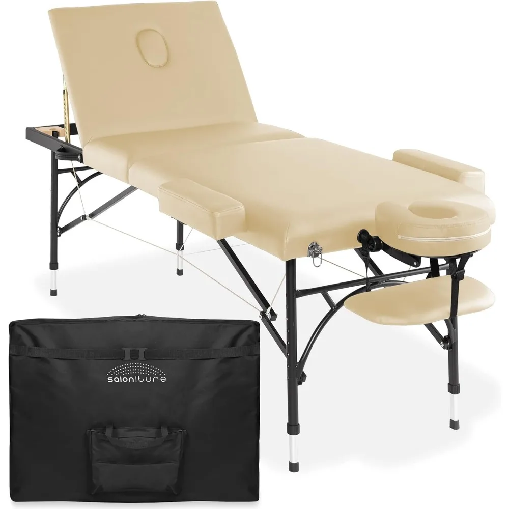 

Saloniture Professional Portable Lightweight Tri-Fold Massage Table with Aluminum Legs - Includes Headrest, Face Cradle, Armrest