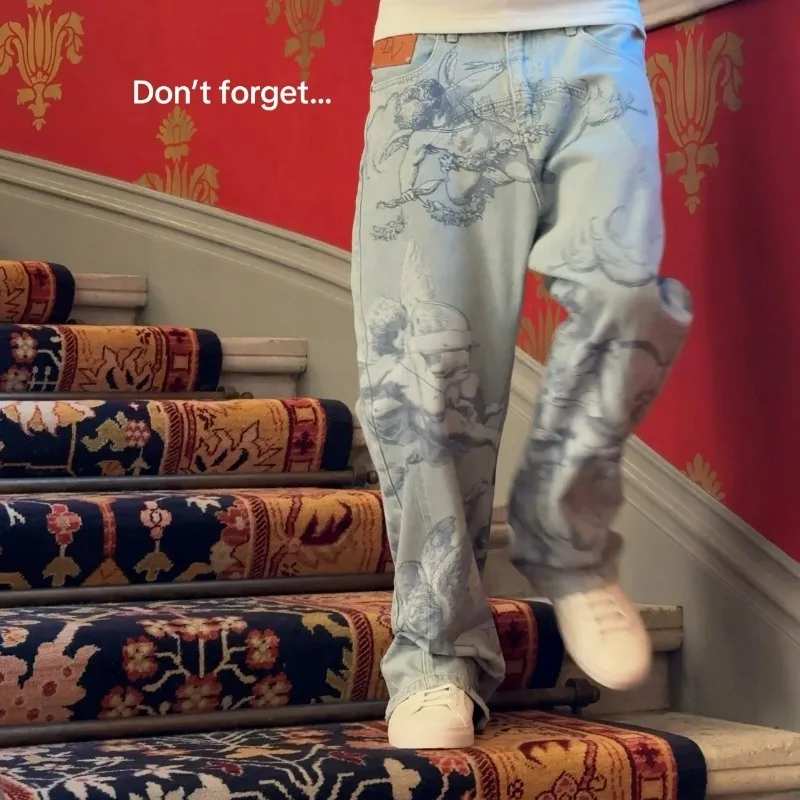 Y2k ريترو فضفاض الجينز العصرية كيوبيد الملاك نمط الرجال النساء السراويل الأمريكية الهيب هوب الشارع الشهير للجنسين عادية مستقيم الساق الجينز