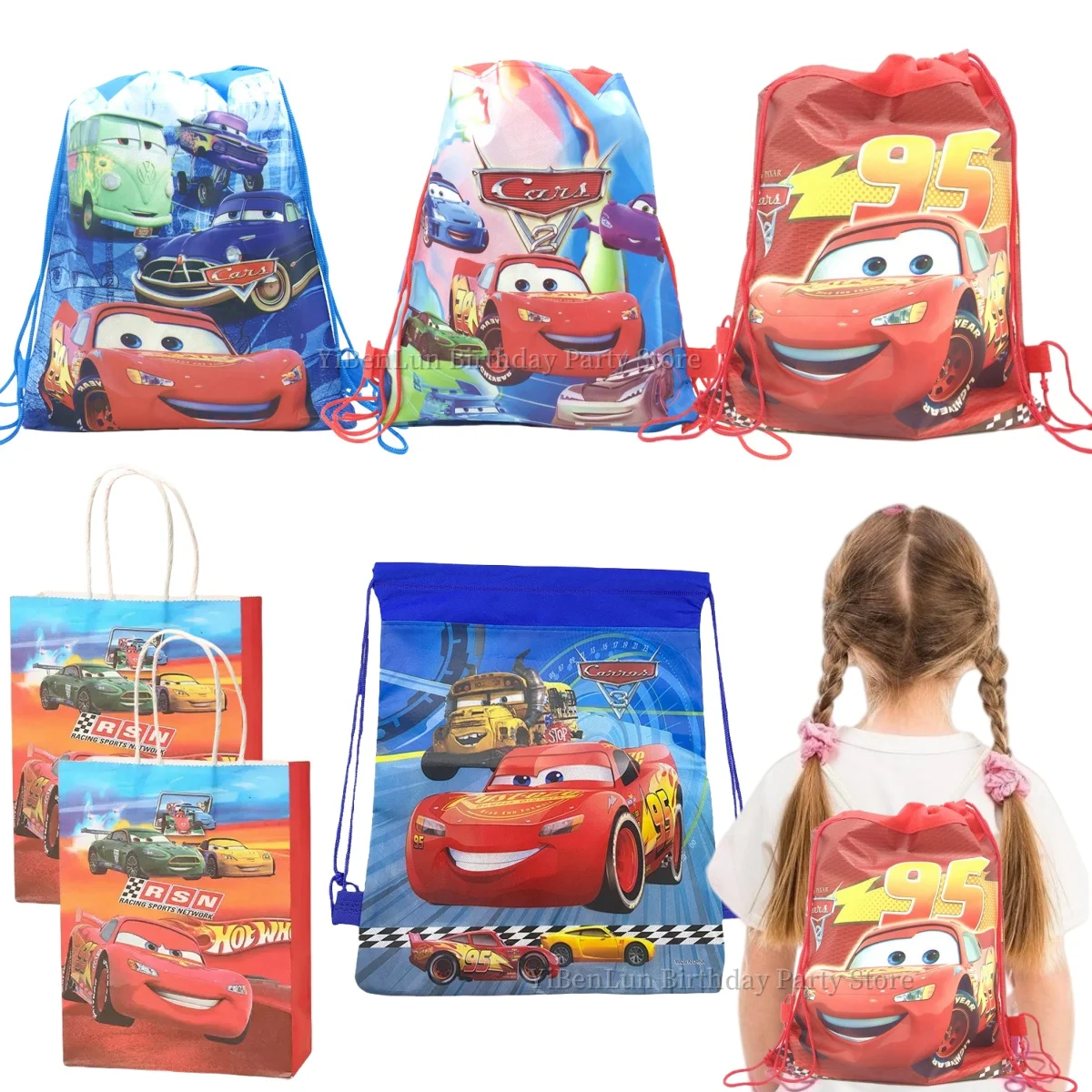 

Mcqueen Disney Cars Bag Birthday Decor Cars Gift Bag Backpack Drawstring Bag Biscuit Handle Candy Bag Baby Shower Party Favors