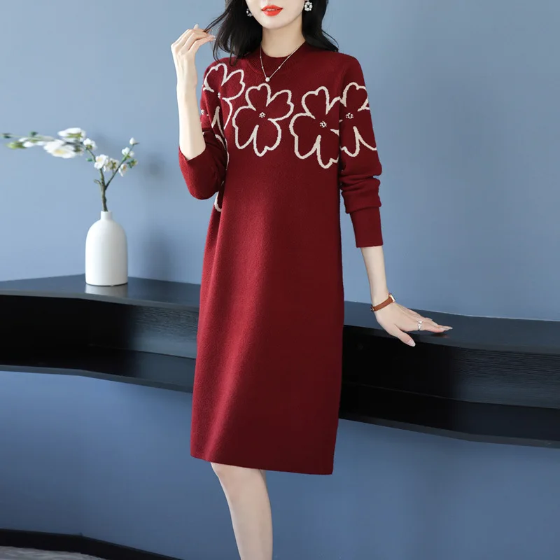 

Трикотаж, зимняя одежда, женский элитный новый длинный свитер для мам среднего возраста, весенне-осеннее платье, пуловеры, женский шерстяной джемпер