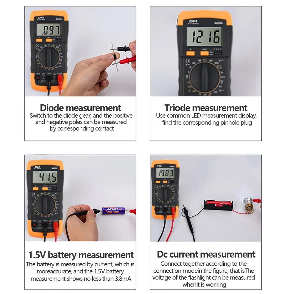 Imagem -06 - Multímetro Digital Lcd com Display Luminoso Tensão ac dc Diodo Frequência Multitester Tester Atual Função Buzzer A830l