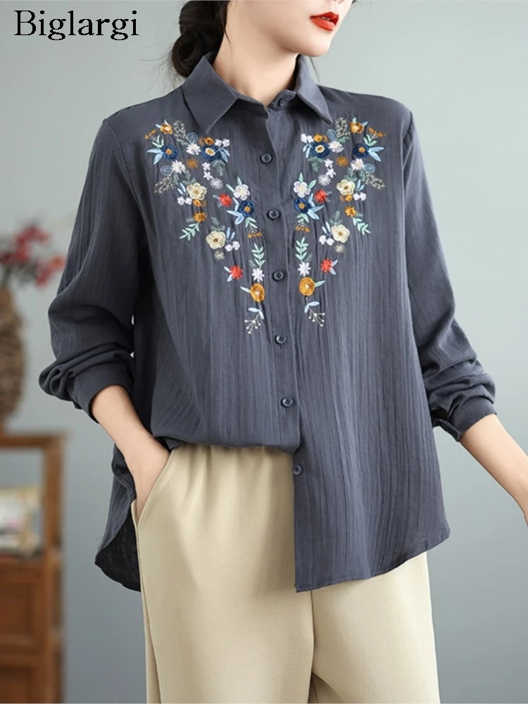 

Oversized Spring Summer Shirts Women Flower Floral Embroidery Fashion Ladies Blouses Long Sleeve Casual Loose Woman Shirt