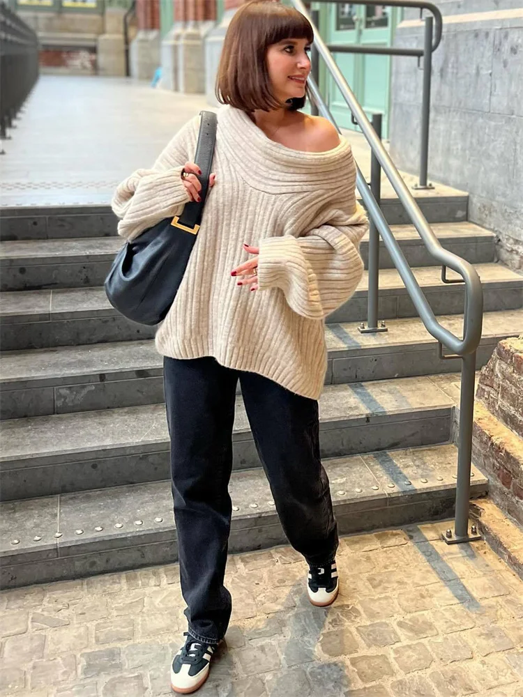 Tossy Knit Sweater Pullover For Women Loose Off-Shoulder Ribbed Long Sleeve Fashion Streetwear Knitwear Casual Autumn Sweater