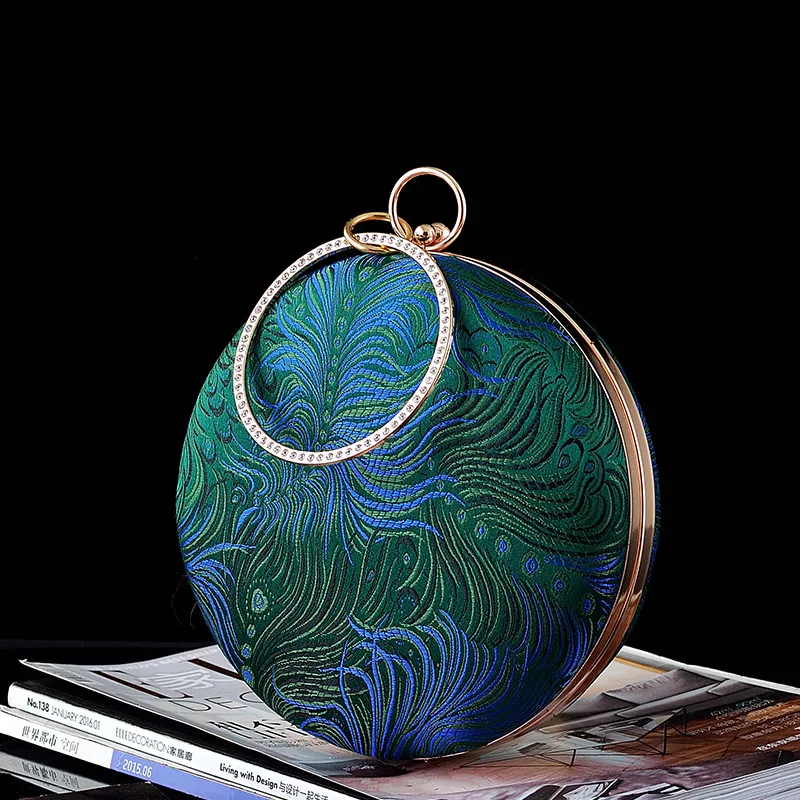 Retro Blue Green Peacock Feather Embroidery Round Clutches Evening Bags Fashion Small Handbag For Women Chain Shoulder Bag Purse