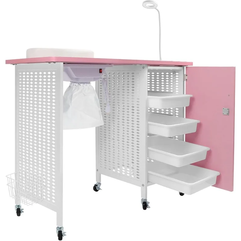 Manicure Nail Table, Mobile Nail Station with Nail Dust Collector, 4 Drawers, LED Lamps, Wrist Rest for Home Technician