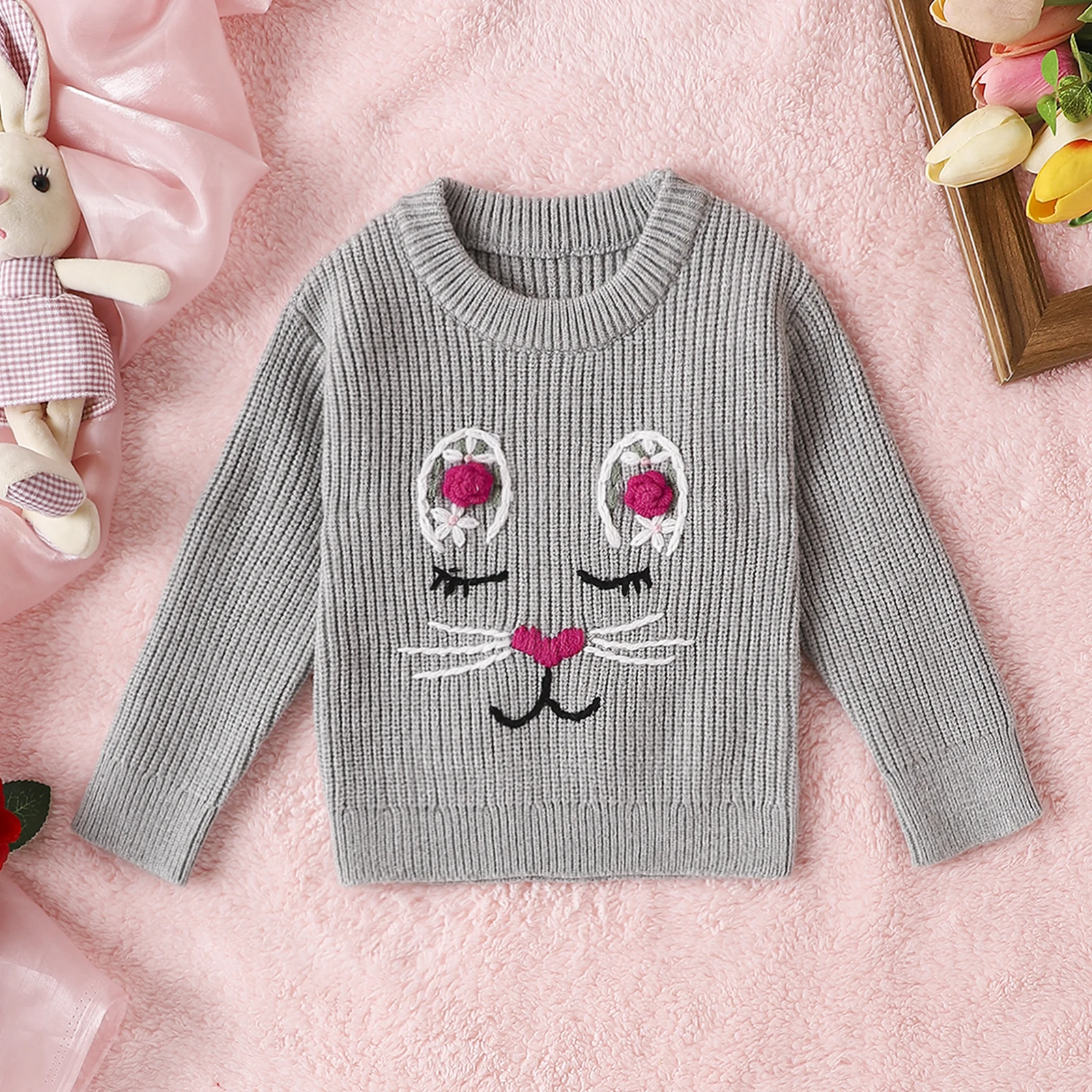 

0-2 Years Old Baby Sweater Autumn Winter Cute Casual Pure Embroidery Cat Newborn Girl Pattern Warm Long Sleeve Woollen Sweater