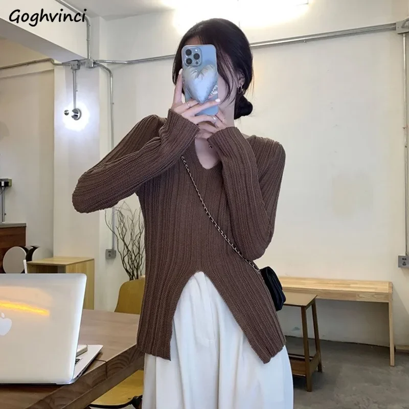 

Pullovers Women Autumn Ins New Trendy Slit Slim Pure Color Female V-neck Knitted Sweaters Vintage Lazy Casual Korean Simple Chic