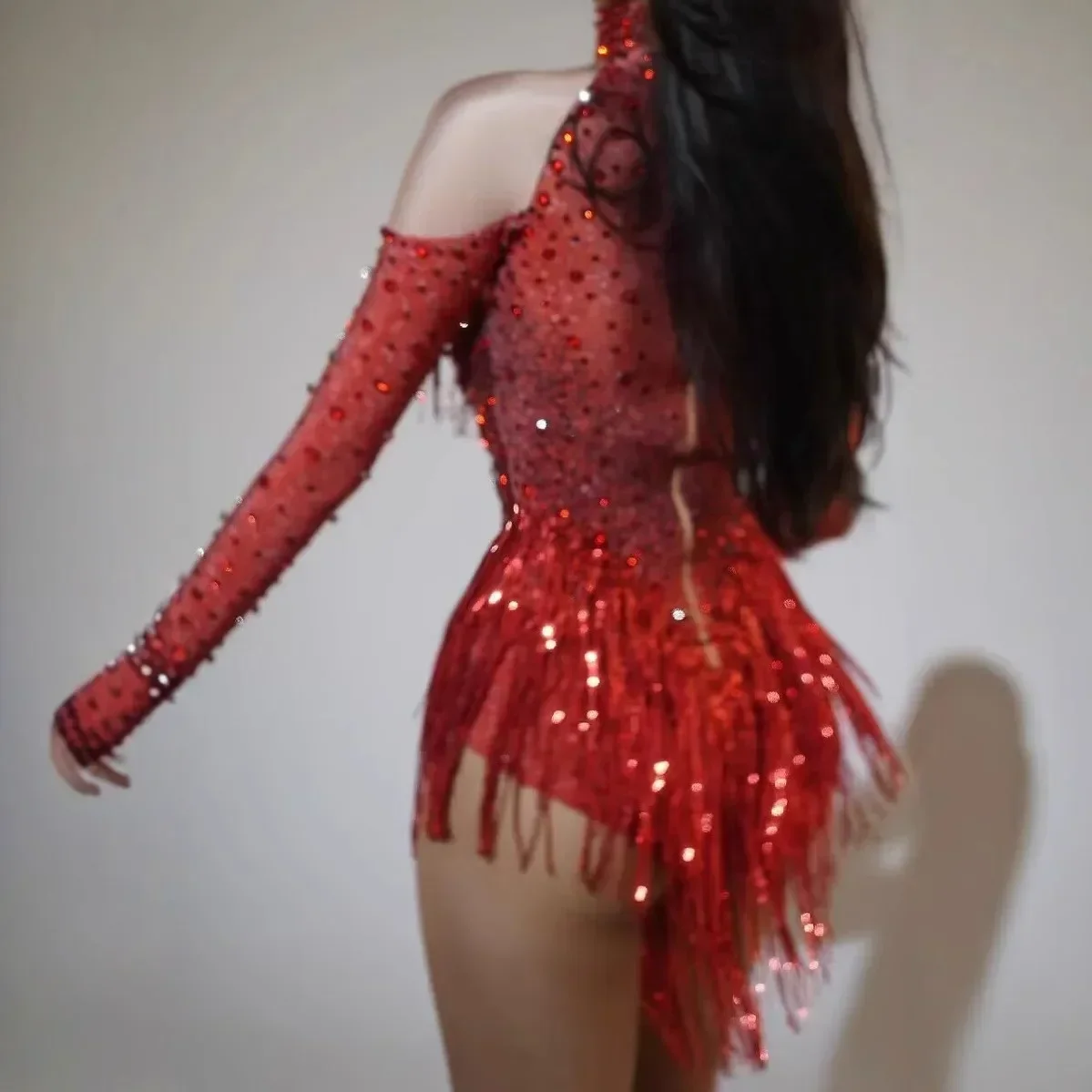 Mono con borlas y diamantes de imitación brillantes para mujer, traje de baile de Jazz de LICRA de manga larga para actuación en escenario Sexy
