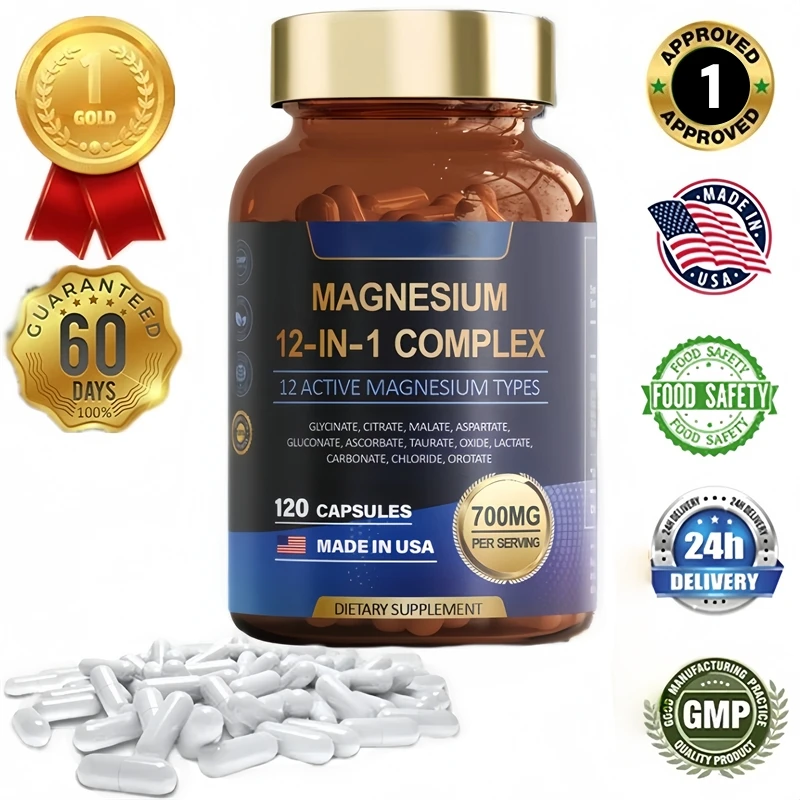 

12-in-1 Magnesium Complex Capsules - Muscle Heart Brain Booster Sleep Aid with Glycinate Citrate Malate Oxide Taurate