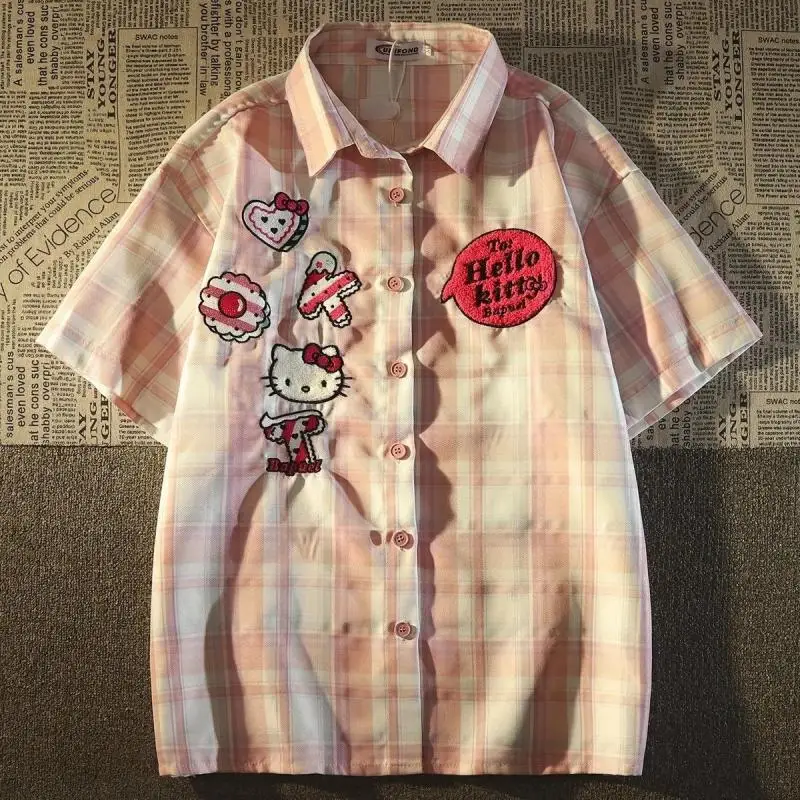 

Sanrio Hello Kitty аниме футболка милый мультяшный узор с вышивкой сетчатые топы летняя новая модная индивидуальная свободная удобная рубашка