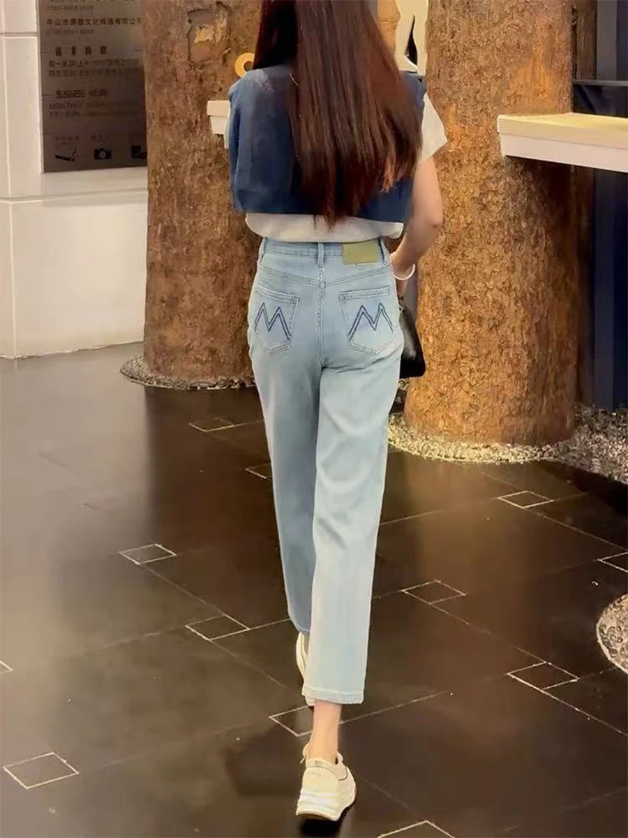

High Waist Straight Leg Denim Jeans Women's Spring Summer plus Size Elastic Slimming Ankle-Length Pants Pear Shape Body