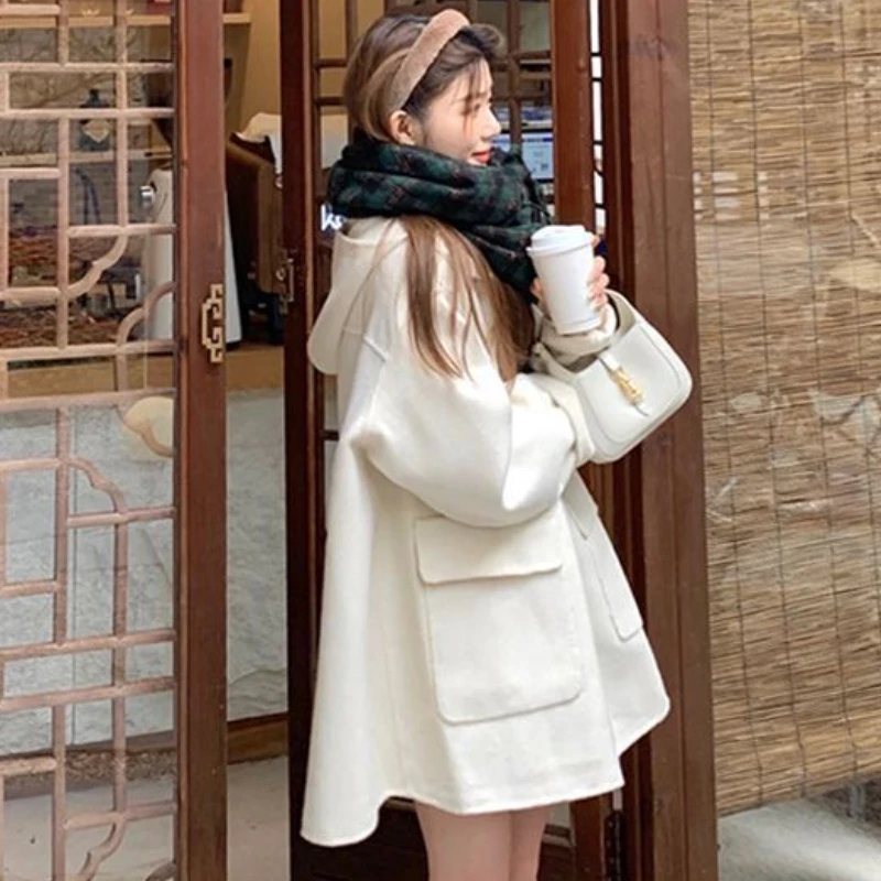 Misto con cappuccio Cappotto dolce invernale da donna Baggy delicato stile coreano Temperamento estetico Accogliente streetwear Tasche alla moda Ragazze universitarie