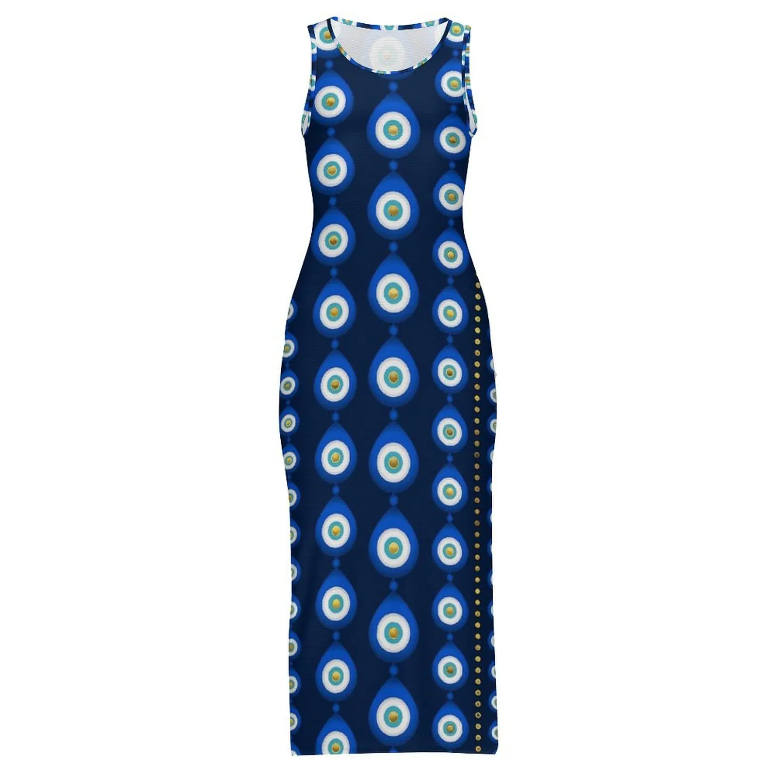 Evil Eye Kleid ärmellos blau und gold Street Wear Maxikleider lässig figurbetontes Kleid Damen Grafik Oversize Vestidos